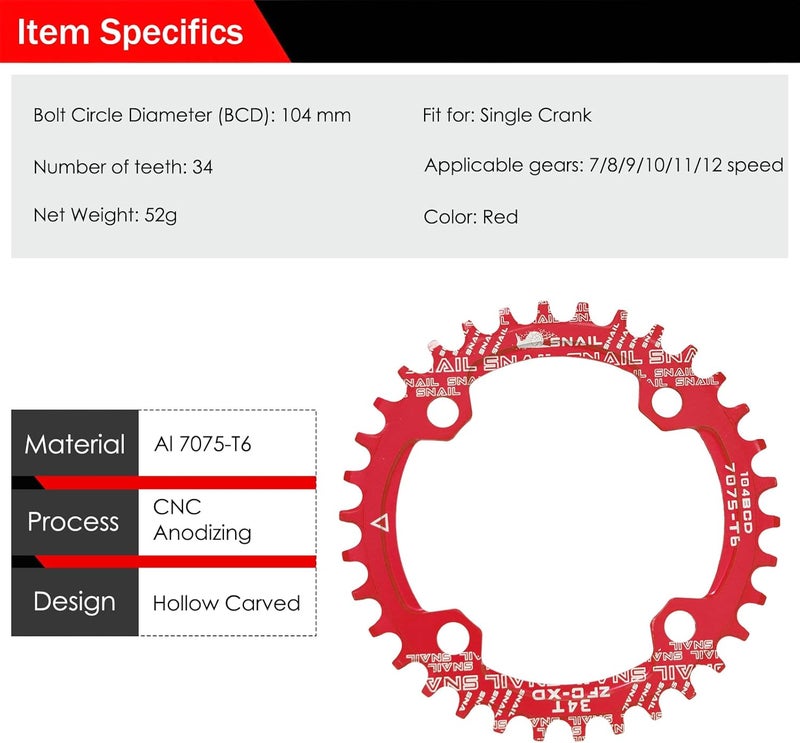 BESNIN Chainring 104 BCD Chainring 30T 32T 34T 36T 38T 40T 42T 44T 46T 48T 50T 52T Narrow Wide Tooth Round Chainring for 7/8/9/10/11/12 Speed MTB BMX Road Bike - Image 2